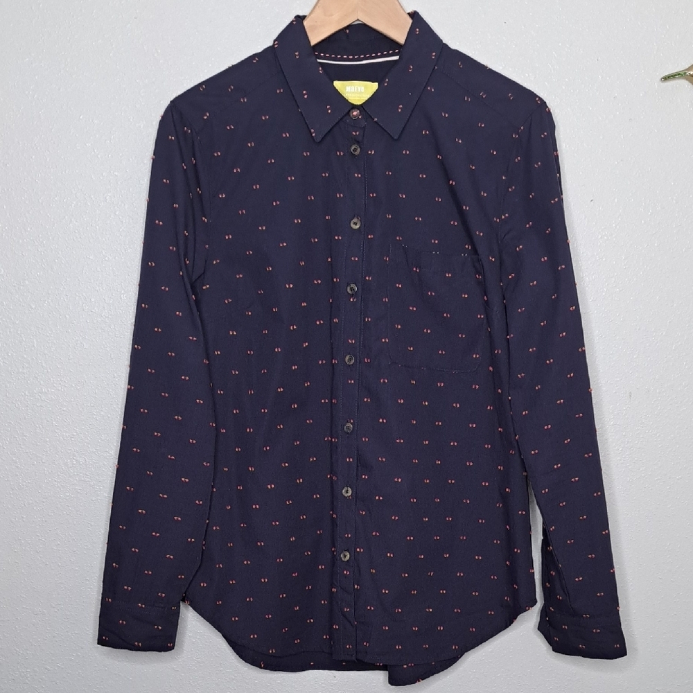 Maeve by Anthropologie Womens Shirt Button Up Navy Pink Embroidered 16P